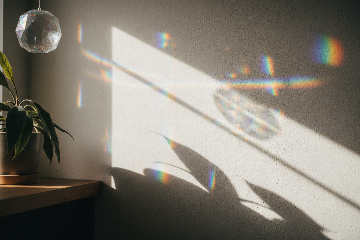 rainbow on a aesthetic wall from a suncatcher reflecting